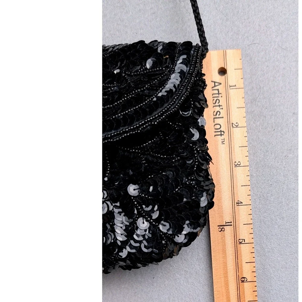 Vintage Black Silver Sequin Beaded Evening Clutch Crossbody Bag Formal Party